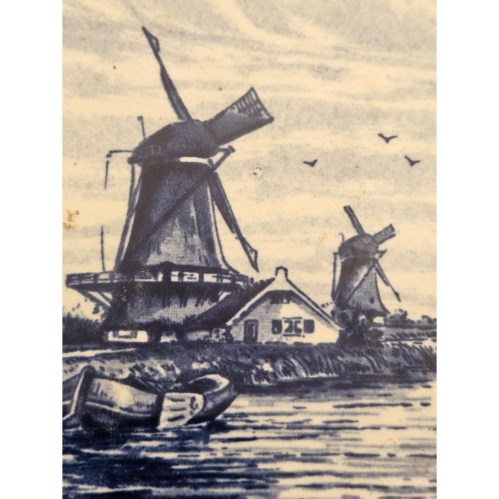 Pair of Blue & White Ceramic Delft Style Windmill Tiles Home Decor